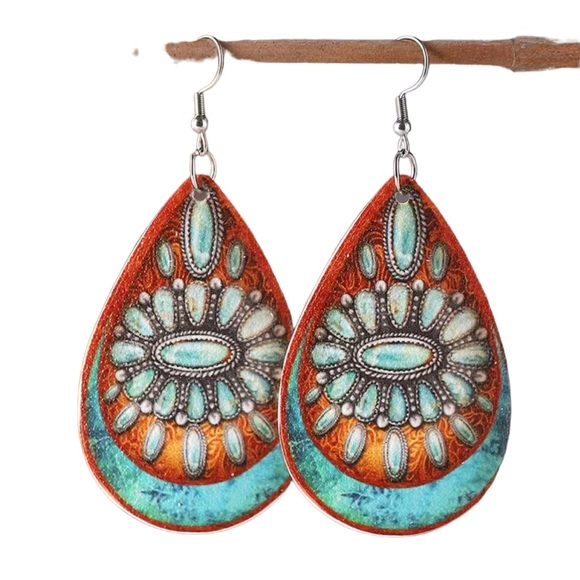 Faux Leather Western Print Teardrop Earrings - Picture 5 of 5